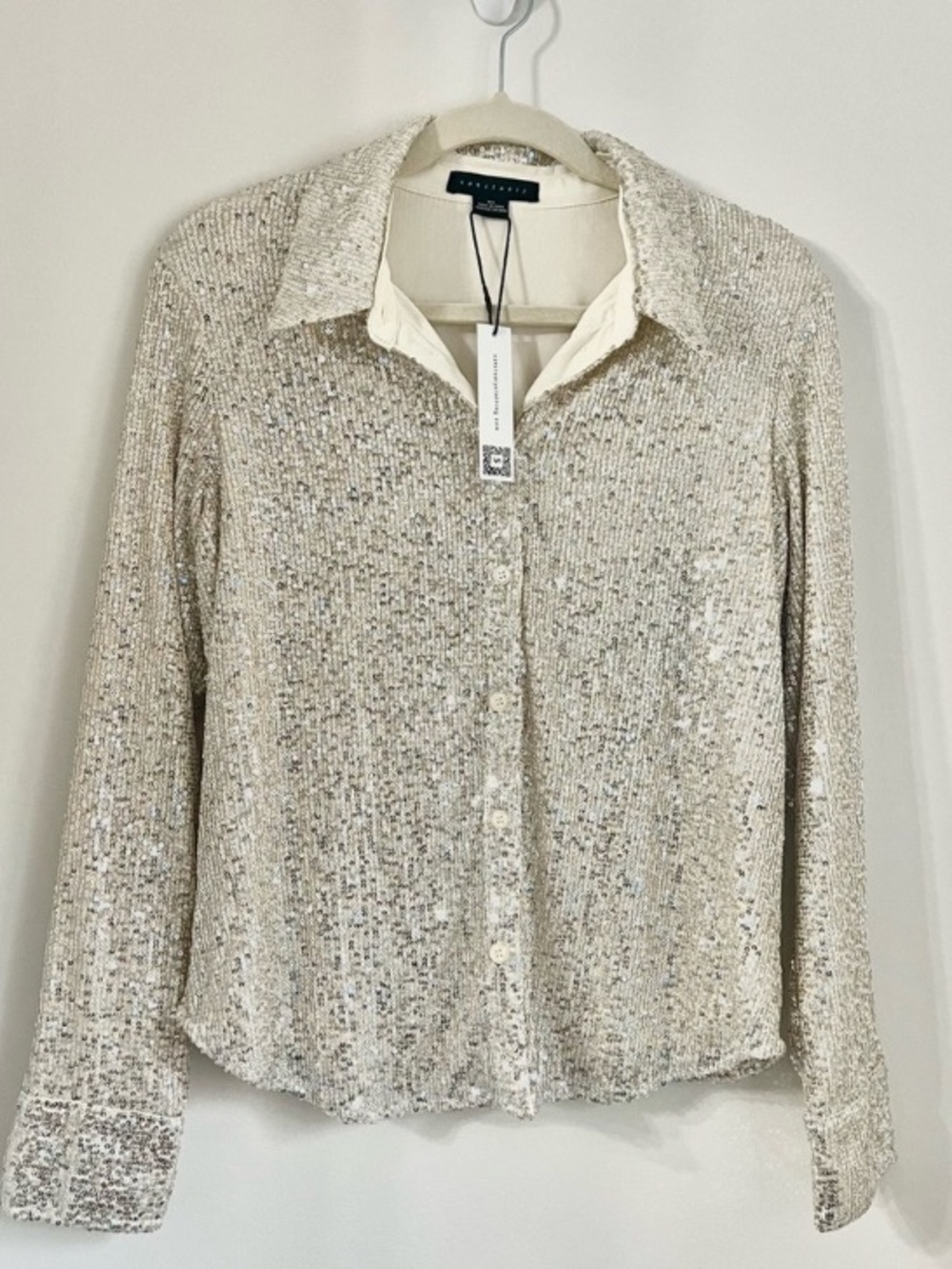 NWT Sanctuary Cream Sequin Button-Front Women's Top XS